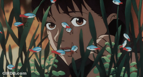 A Cartoon Drawing Of A Girl Surrounded By Fish And Plants GIF