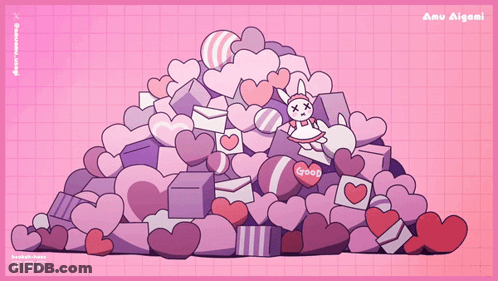 A Cartoon Drawing Of A Girl Surrounded By Hearts With The Name Amu Aigami At The Bottom GIF