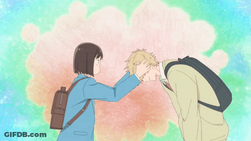 A Cartoon Drawing Of A Girl Touching A Boy 'S Hair GIF