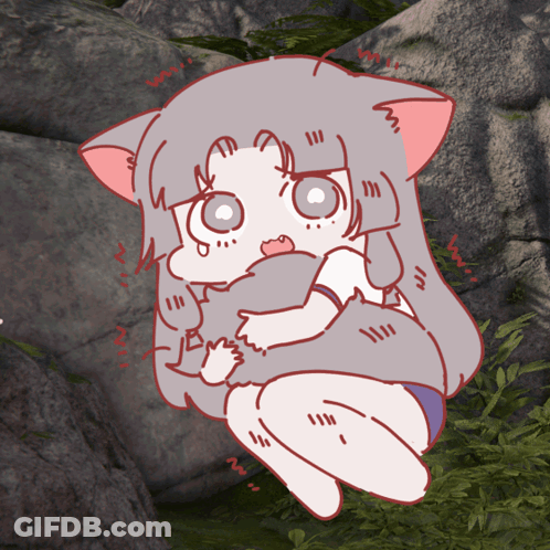 A Cartoon Drawing Of A Girl With A Cat Ear Holding A Cat GIF