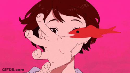 A Cartoon Drawing Of A Girl With A Fish In Her Mouth GIF