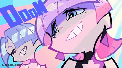 A Cartoon Drawing Of A Girl With A Purple Hair And The Word Dock Behind Her GIF
