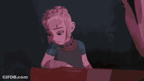 A Cartoon Drawing Of A Girl With A Purple Hair And White Eyes GIF