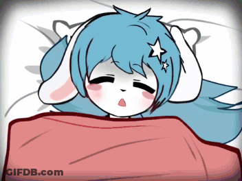 A Cartoon Drawing Of A Girl With Blue Hair And White Ears Laying In Bed GIF