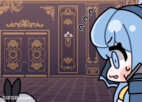 A Cartoon Drawing Of A Girl With Blue Hair Looking At A Door GIF