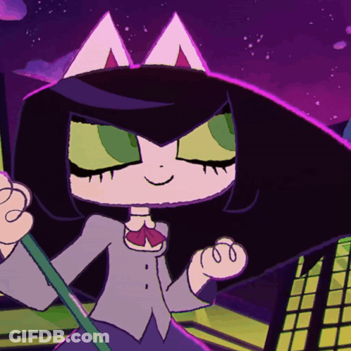 A Cartoon Drawing Of A Girl With Green Eyes And Black Hair GIF