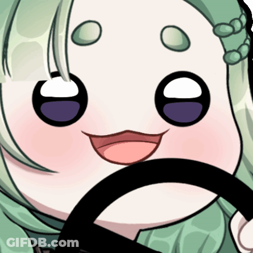 A Cartoon Drawing Of A Girl With Green Hair Holding A Steering Wheel GIF