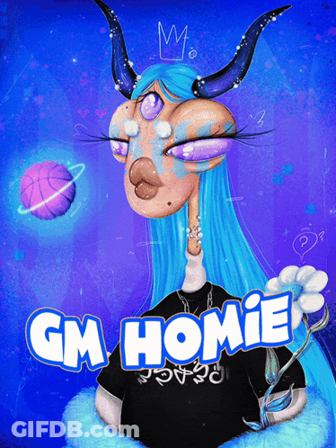 A Cartoon Drawing Of A Girl With Horns And The Words Gm Homie On The Bottom GIF