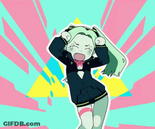 A Cartoon Drawing Of A Girl With Long Green Hair And A Triangle In The Background GIF