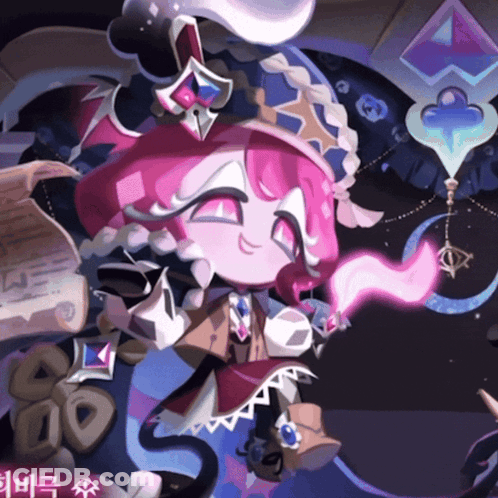 A Cartoon Drawing Of A Girl With Pink Hair And A Purple Hat GIF