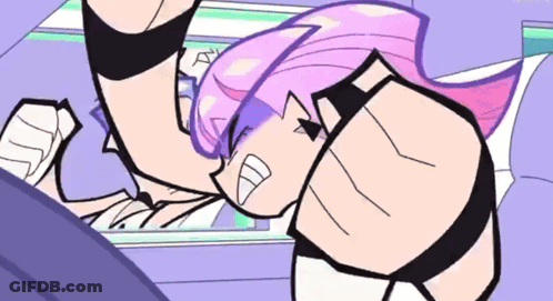 A Cartoon Drawing Of A Girl With Pink Hair And Black Pants GIF