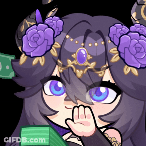 A Cartoon Drawing Of A Girl With Purple Flowers In Her Hair Holding A Stack Of Money GIF