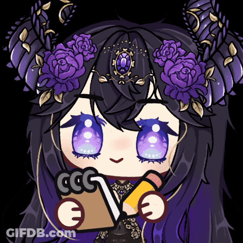 A Cartoon Drawing Of A Girl With Purple Flowers On Her Head Holding A Book And A Pencil GIF