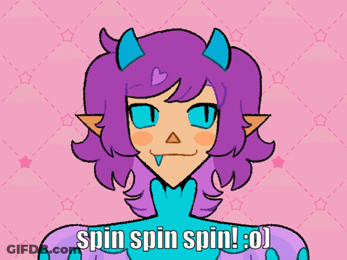 A Cartoon Drawing Of A Girl With Purple Hair And Blue Horns Says Spin Spin Spin GIF