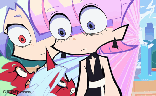 A Cartoon Drawing Of A Girl With Purple Hair And Red Horns GIF