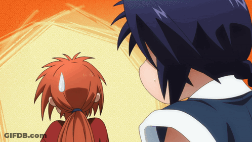 A Cartoon Drawing Of A Girl With Red Hair And A Boy With Blue Hair Looking At Each Other GIF