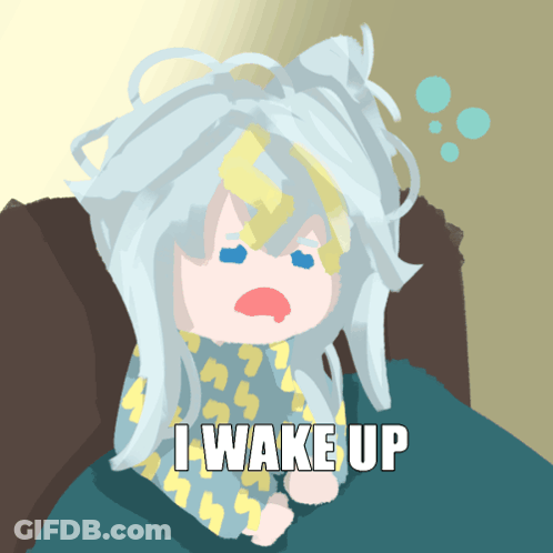 A Cartoon Drawing Of A Girl With White Hair And The Words I Wake Up GIF