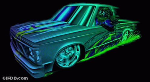 A Cartoon Drawing Of A Gm Truck With A Man In Sunglasses On The Side GIF