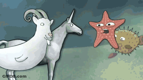 A Cartoon Drawing Of A Goat A Starfish And A Puffer Fish GIF