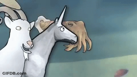 A Cartoon Drawing Of A Goat And A Unicorn Standing Next To Each Other GIF