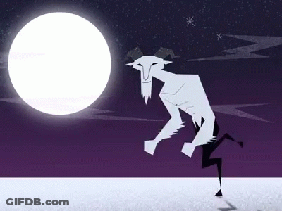 A Cartoon Drawing Of A Goat With Horns Standing In Front Of A Full Moon GIF