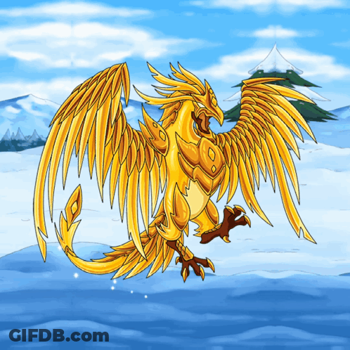 A Cartoon Drawing Of A Golden Dragon Standing On A Snowy Field GIF