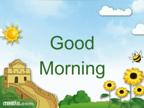 A Cartoon Drawing Of A Great Wall And Sunflowers With The Words Good Morning GIF
