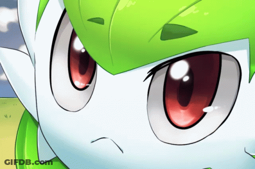 A Cartoon Drawing Of A Green And White Pokemon With Red Eyes GIF