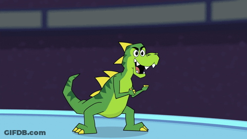 A Cartoon Drawing Of A Green And Yellow Dinosaur Dancing GIF