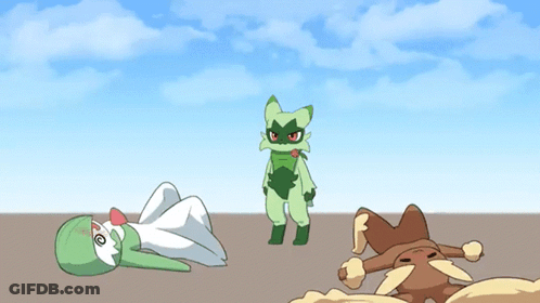 A Cartoon Drawing Of A Green Cat Standing Next To Two Other Cartoon Characters GIF