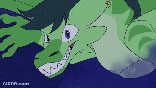 A Cartoon Drawing Of A Green Dragon With Blue Eyes And Sharp Teeth GIF