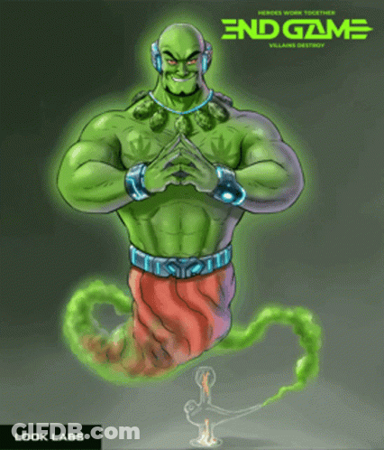 A Cartoon Drawing Of A Green Genie With The Words End Game Below Him GIF