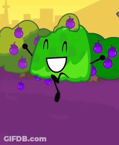 A Cartoon Drawing Of A Green Object With A Smile On Its Face Surrounded By Purple Berries GIF