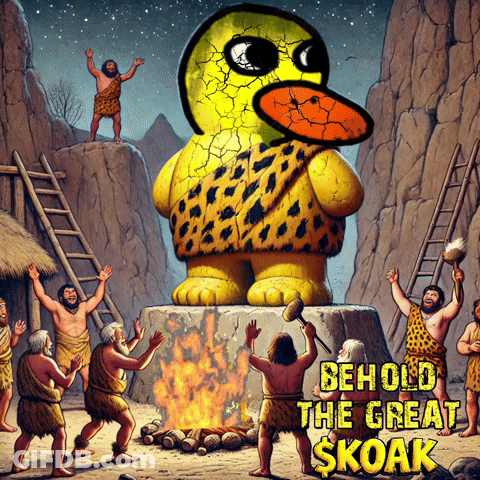 A Cartoon Drawing Of A Group Of Cavemen Surrounding A Statue Of A Duck Titled Behold The Great Skoak GIF