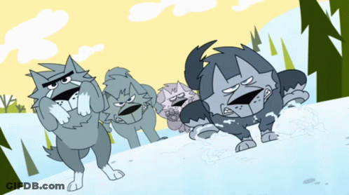 A Cartoon Drawing Of A Group Of Dogs Running In The Snow GIF