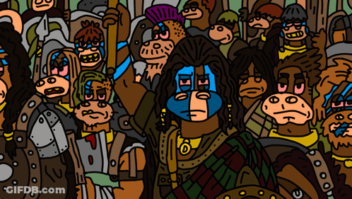 A Cartoon Drawing Of A Group Of Monkeys With One Wearing A Blue Mask GIF