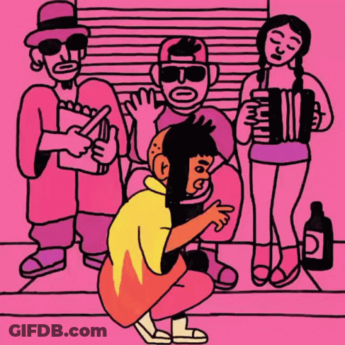 A Cartoon Drawing Of A Group Of People Including A Woman Holding An Accordion GIF