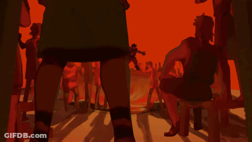 A Cartoon Drawing Of A Group Of Red Men Surrounded By Red Faces GIF