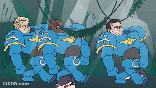 A Cartoon Drawing Of A Group Of Space Marines Walking GIF