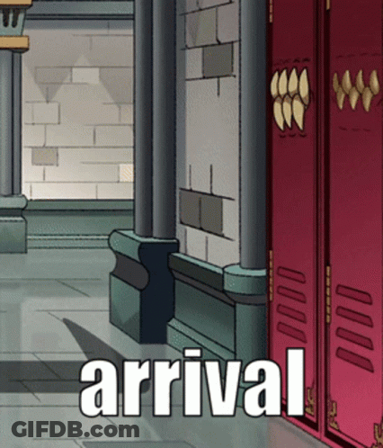 Hallway With Red Lockers And Arrival Sign GIF