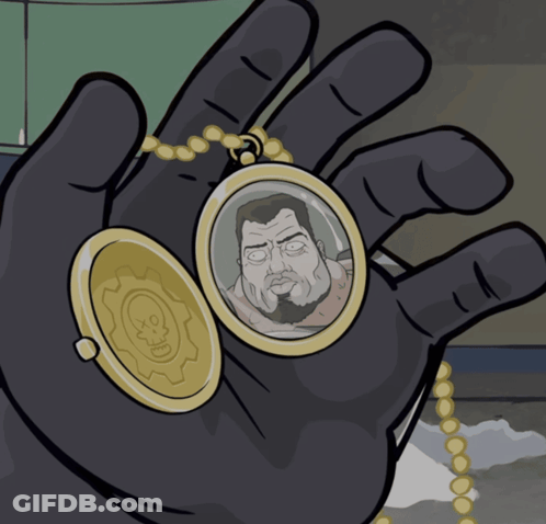 A Cartoon Drawing Of A Hand Holding A Pendant With A Picture Of A Man On It GIF