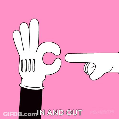 A Cartoon Drawing Of A Hand Pointing At Another Hand With The Words In And Out Below It GIF