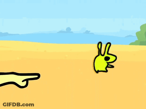 A Cartoon Drawing Of A Hand Pointing To A Yellow Rabbit GIF