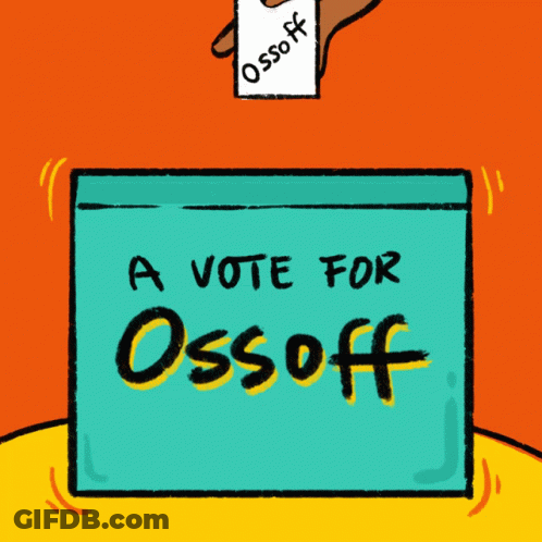 A Cartoon Drawing Of A Hand Putting A Vote For Ossoff In A Ballot Box GIF