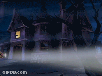 A Cartoon Drawing Of A Haunted House With A Person Holding A Flashlight GIF