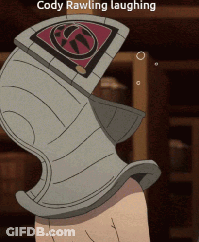 A Cartoon Drawing Of A Helmet With The Words Cody Rawling Laughing Above It GIF