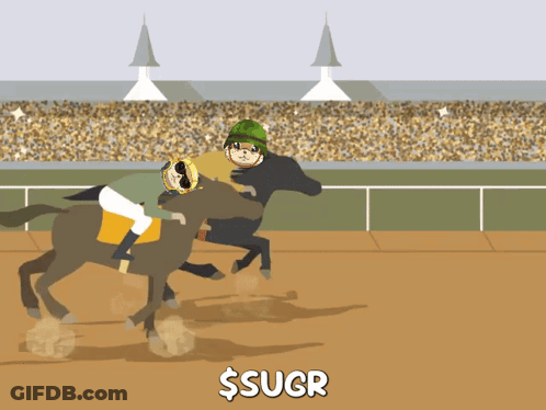 A Cartoon Drawing Of A Horse Race With A Jockey On A Horse With The Word $ Sucr Below It GIF
