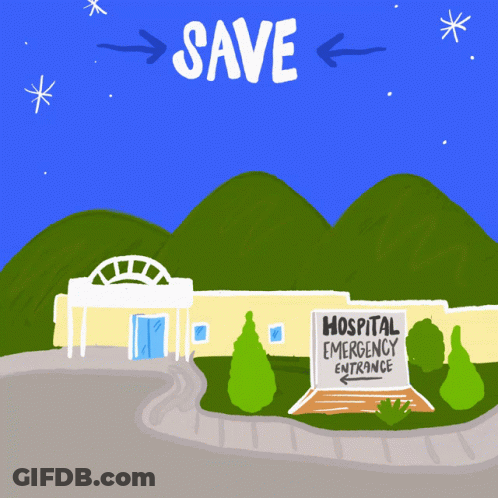 A Cartoon Drawing Of A Hospital With Mountains In The Background And A Sign That Says Hospital Emergency Entrance GIF