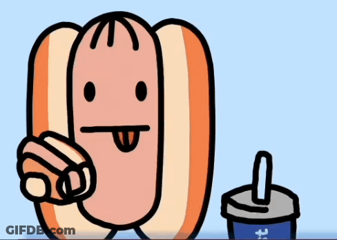 A Cartoon Drawing Of A Hot Dog Eating A Bun And Drinking A Soda GIF