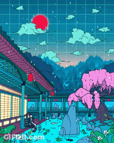 A Cartoon Drawing Of A House With A Cherry Blossom Tree GIF